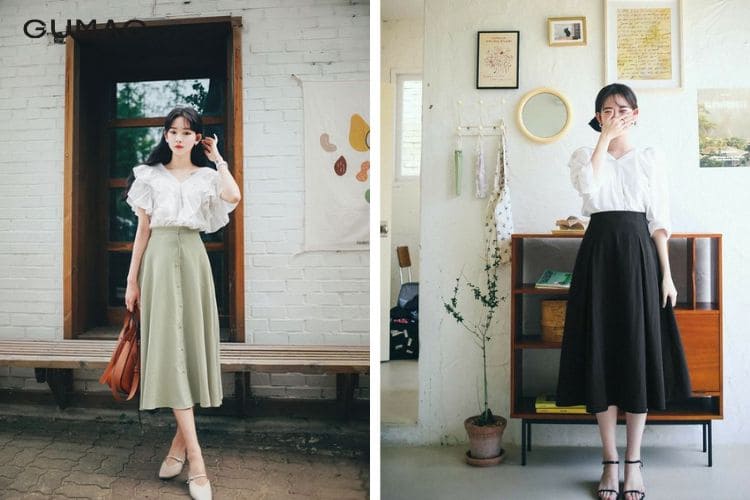 Chân váy chữ A dáng dài và áo blouse
