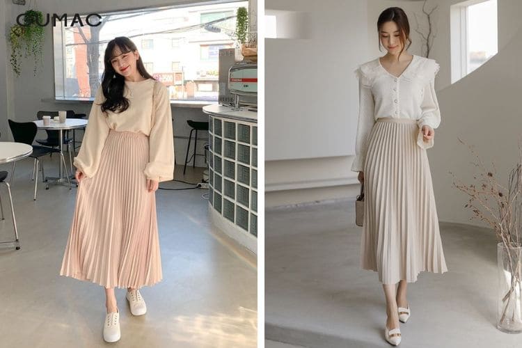 Chân váy xếp ly dài mix với áo basic