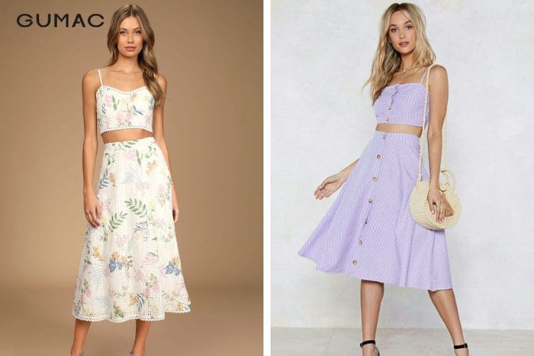 Chân váy xòe dáng dài phối với áo hai dây