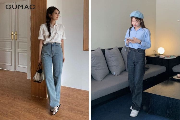 Phối đồ cho người lùn mập với quần ống rộng và áo sơ mi Hàn Quốc