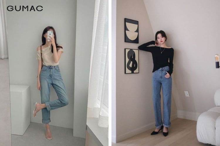 Quần dài ống suông lưng cao phối với áo trễ vai