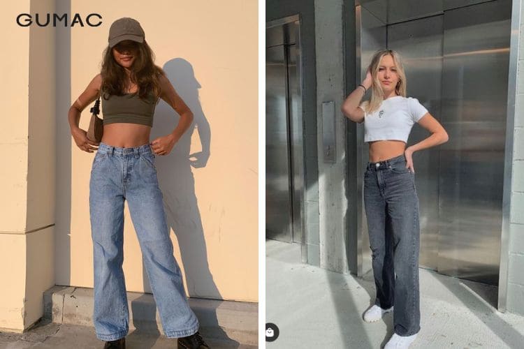 Quần jean cạp cao ống suông với áo croptop