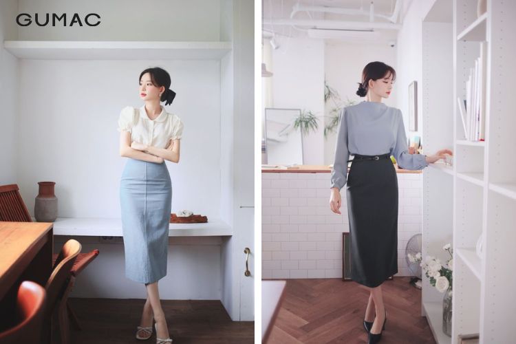 Váy bút chì dài kết hợp với áo blouse
