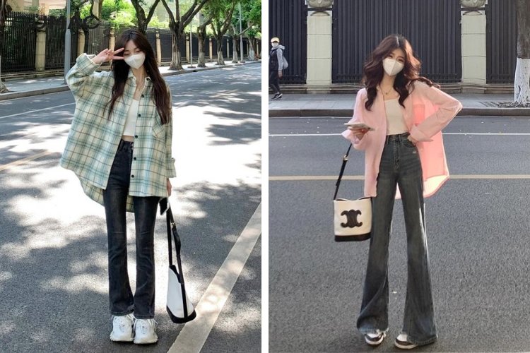 Mix quần jeans ống loe cùng áo buộc vạt Mix quần jeans ống loe cùng áo buộc vạt
