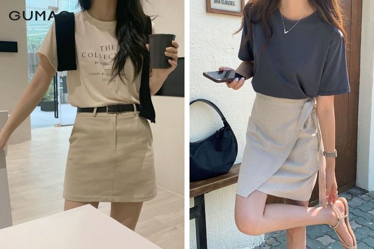 Phối chân váy ngắn cùng áo thun Phối chân váy ngắn cùng áo thun