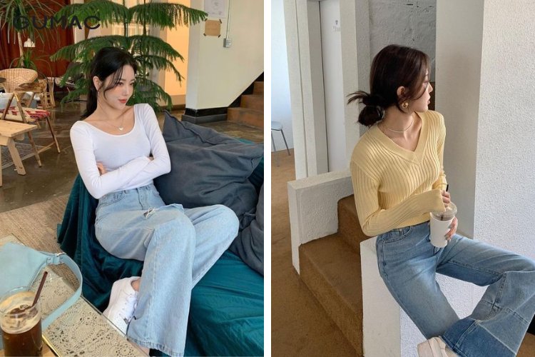 Phối quần jean ống rộng cùng áo bó Phối quần jean ống rộng cùng áo bó