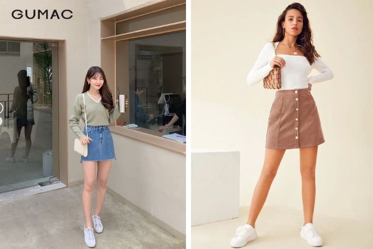 Chân váy ngắn với sneakers đế độn cho nữ 1m50