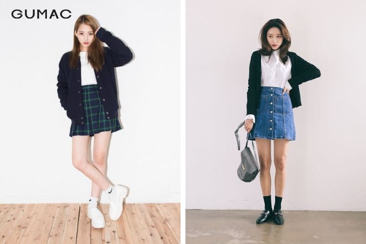 Áo cardigan và chân váy jean ngắn