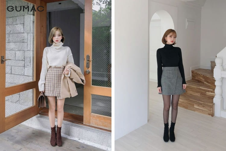 Áo cổ lọ cùng chân váy chữ A