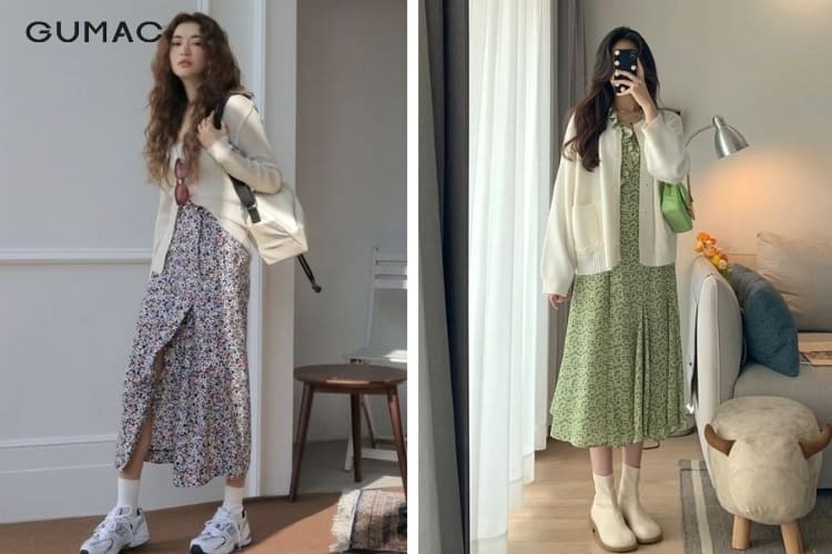 Áo len cùng váy hoa nhí