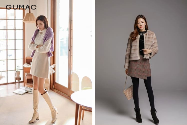 Áo len lông xù và chân váy dạ