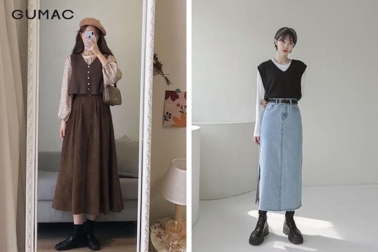 Mix váy rộng cùng áo khoác cardigan hoặc áo len gile