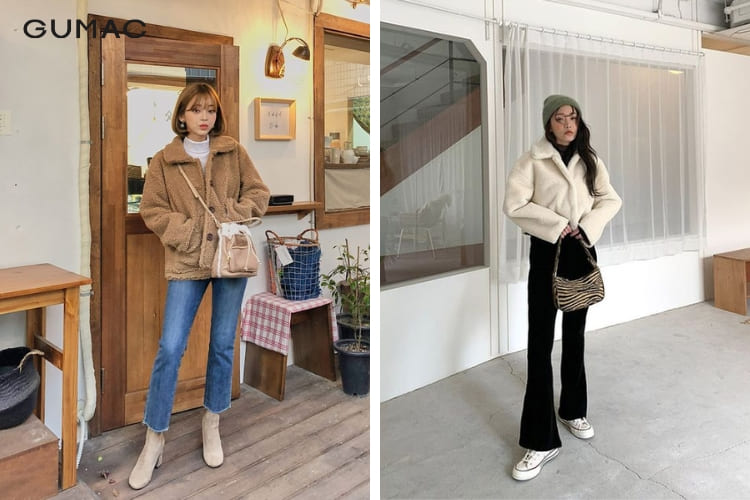 Phối đồ mùa đông cho nữ lùn với áo khoác lông cừu