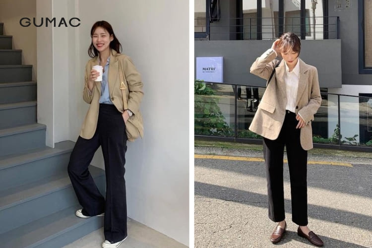 Quần ống rộng phối áo sơ mi và blazer