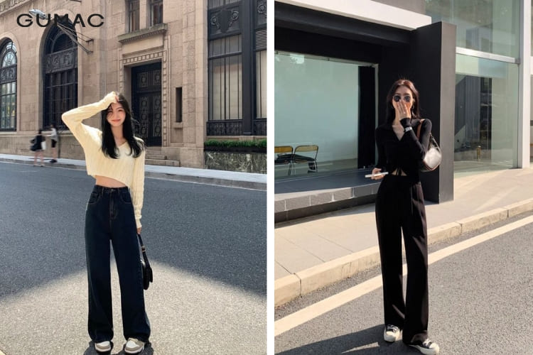 Quần ống suông lưng cao cùng áo croptop và sneaker