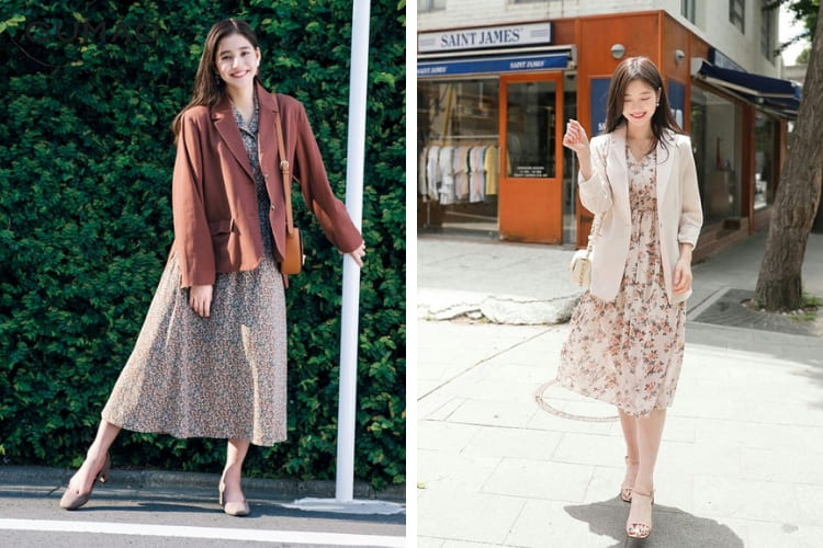 Váy hoa nhí cùng áo blazer
