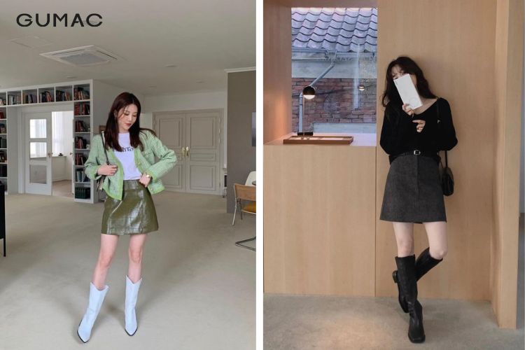 Áo cardigan mix chân váy da và áo phông