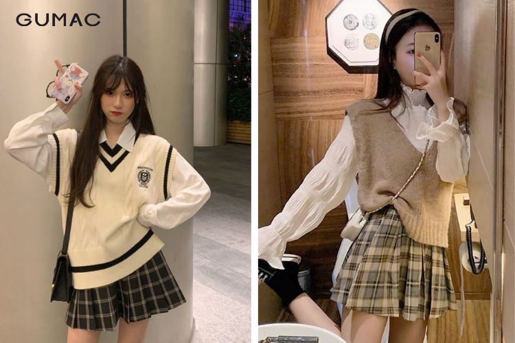 Áo gile kết hợp với sơ mi cổ hoa và chân váy kẻ caro