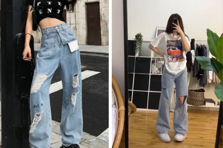 Áo thun tay lỡ + quần jeans rách bụi