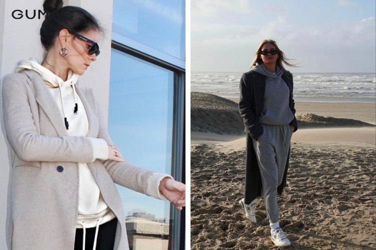 Áo hoodie phối với áo khoác dạ dài Áo hoodie phối với áo khoác dạ dài
