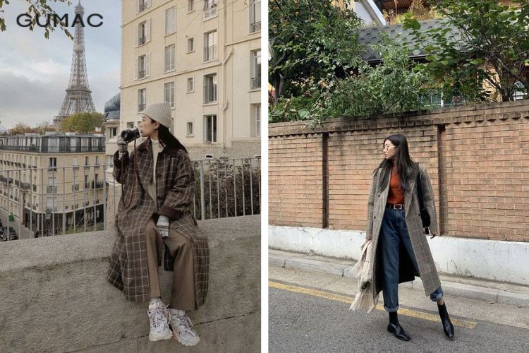 Áo dạ kẻ caro nữ dáng dài