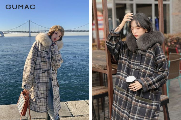 Áo dạ nữ kẻ caro cổ lông