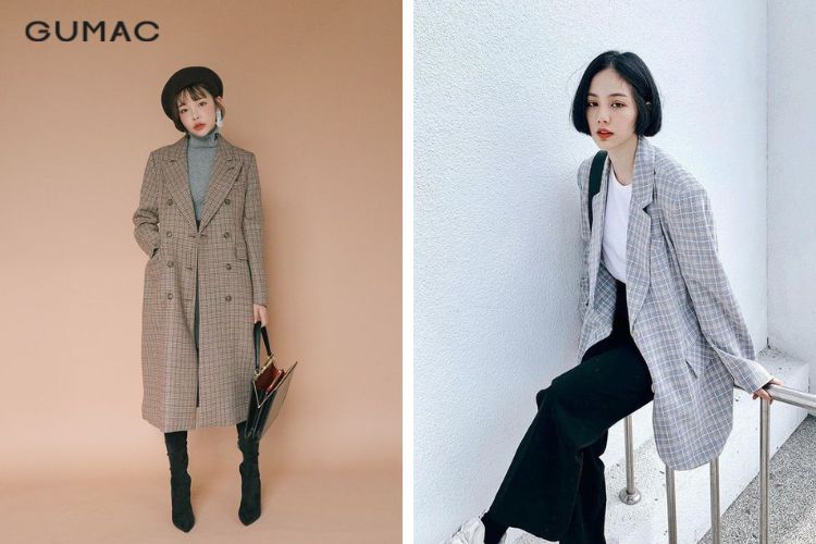 Áo khoác dạ kẻ caro Hàn Quốc