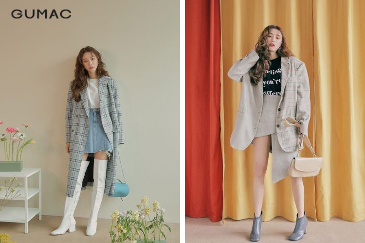 Chân váy ngắn mix áo dạ kẻ caro