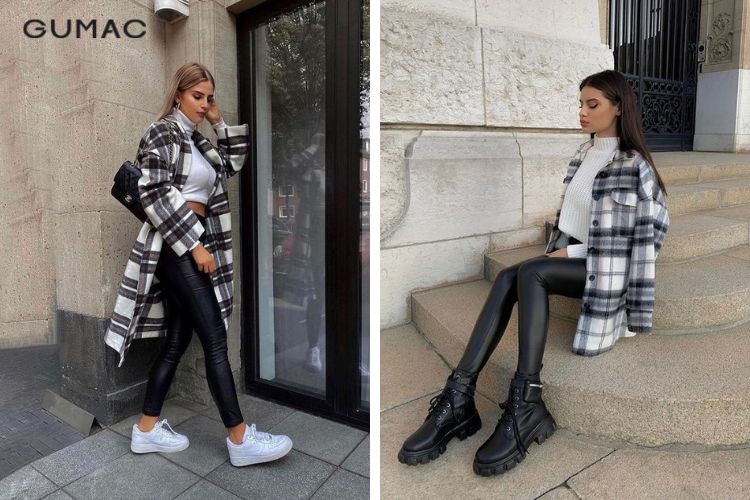 Kết hợp áo dạ kẻ caro cùng quần legging/da