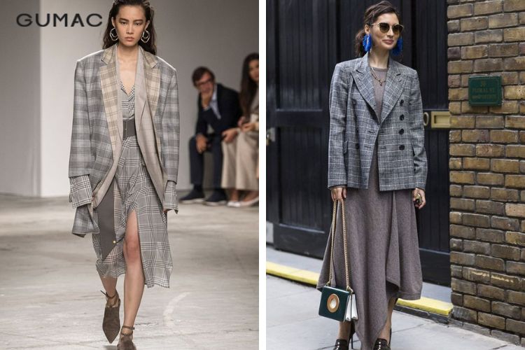 Phối váy liền cùng áo khoác dạ kẻ caro