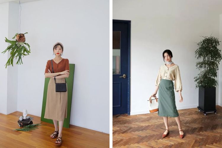 Áo sơ mi lụa cổ tim với chân váy midi