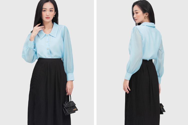 Áo sơ mi lụa cổ tròn với chân váy xếp ly
