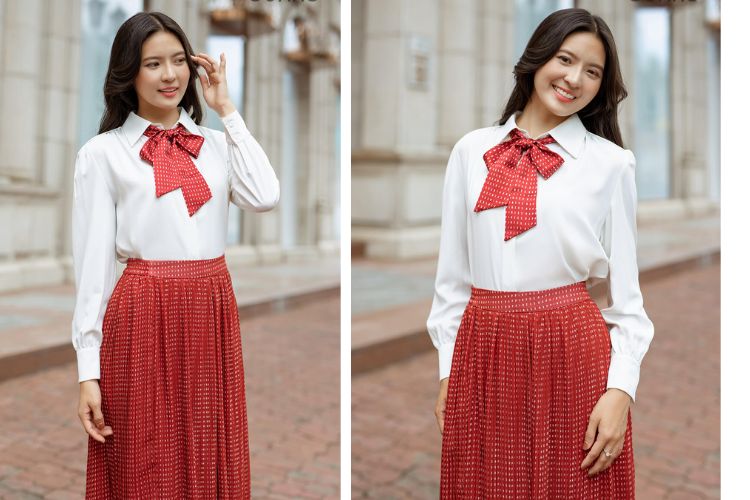 Áo sơ mi lụa cột nơ với chân váy xòe
