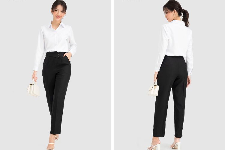 Áo sơ mi lụa đơn sắc phối với quần tây ống đứng