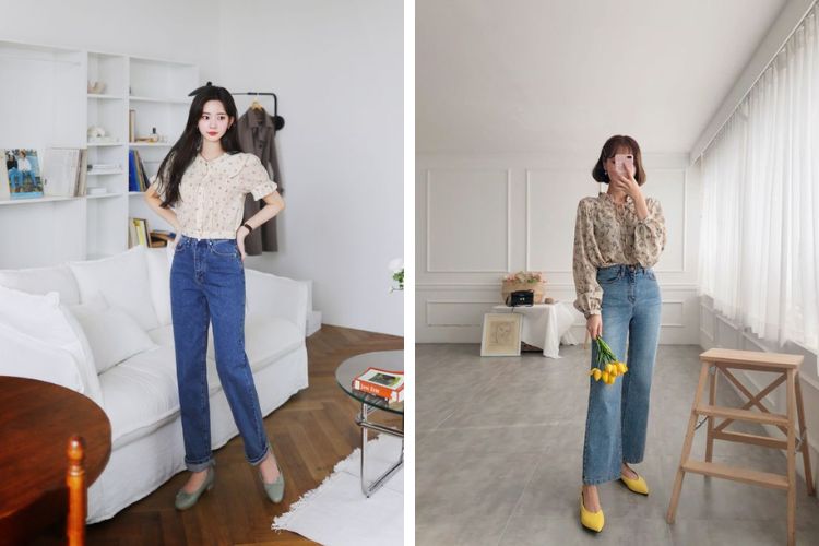 Áo sơ mi lụa họa tiết với quần jean