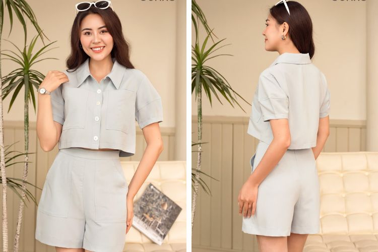 Áo sơ mi lụa ngắn tay với quần short