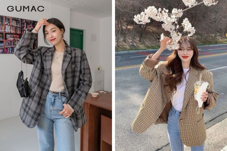 Cách phối blazer caro và quần jeans cá tính