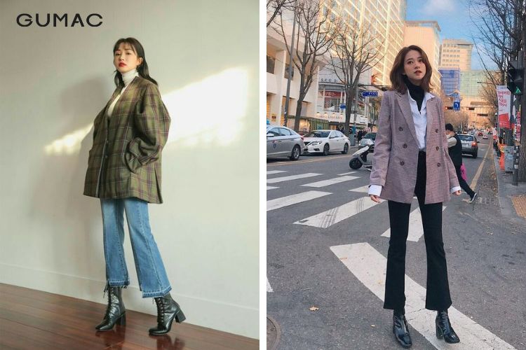 Cách phối đồ với áo blazer caro và quần ống loe