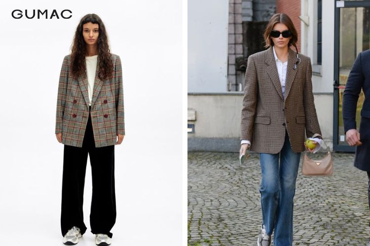Mix blazer caro và quần tây ống đứng