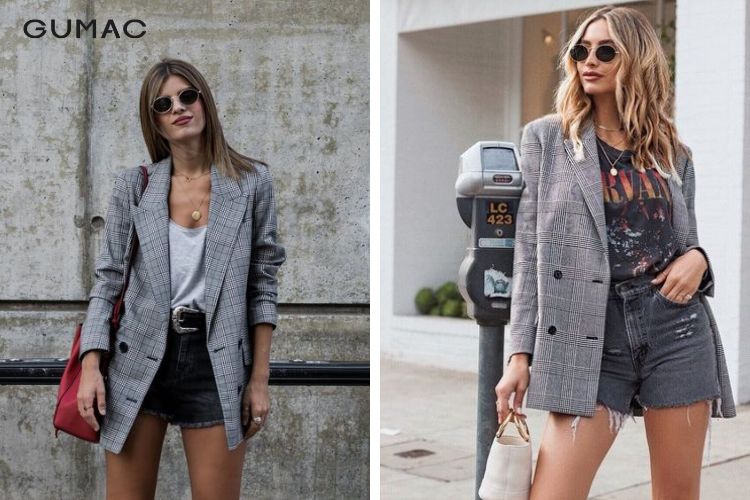 Mix blazer caro với quần short năng động