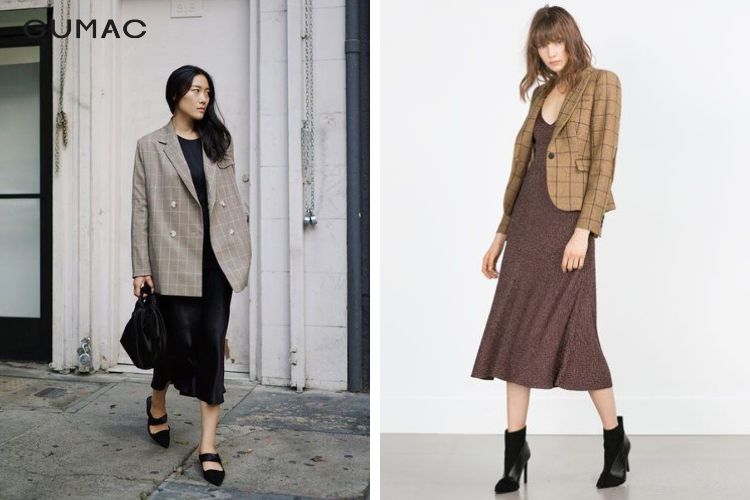 Phối blazer caro cùng váy liền dáng suông
