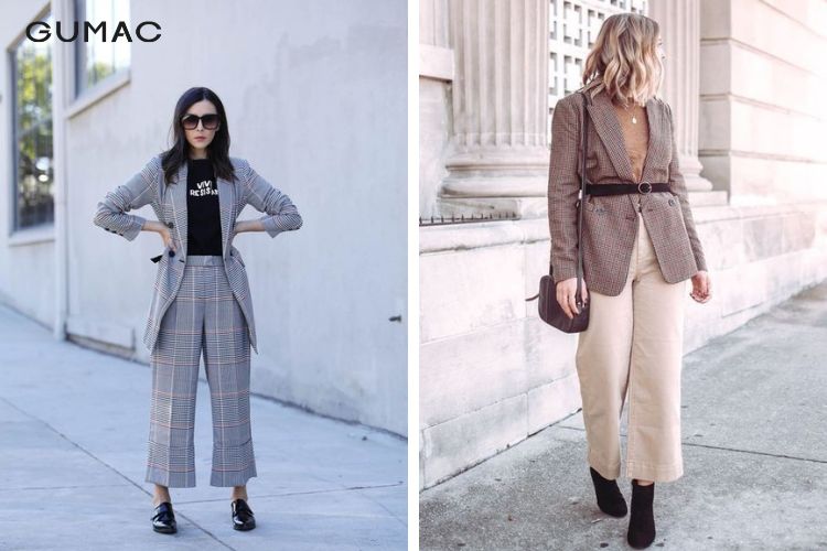 Phối blazer kẻ caro với quần ống lửng