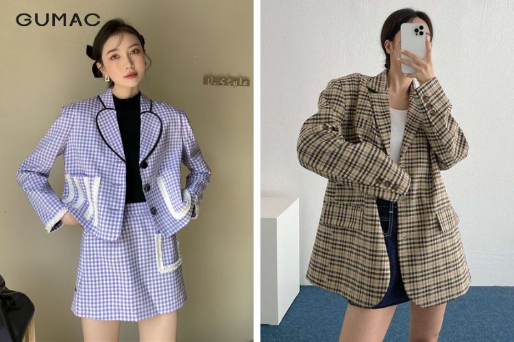 Phối blazer caro chân váy dáng ngắn