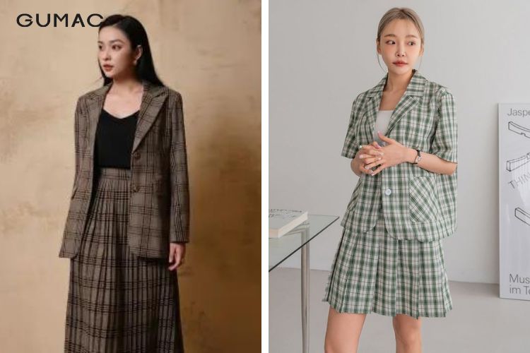 Phối đồ với blazer caro cùng chân váy xếp ly