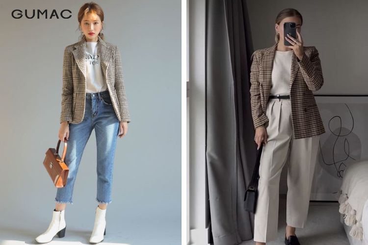 Phối quần baggy với blazer caro trẻ trung
