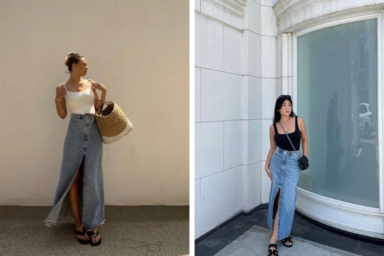chân váy dài phối với áo gì