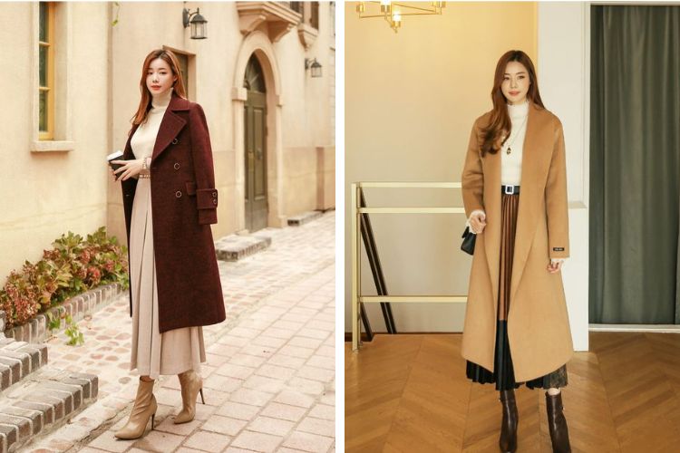 Cách phối đồ với chân váy xòe dài mùa đông và áo dạ dáng dài