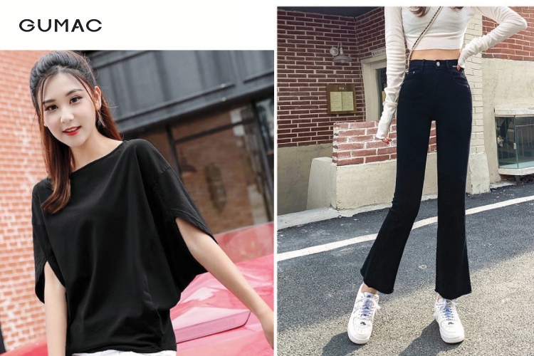 Quần ống loe phối với áo cánh