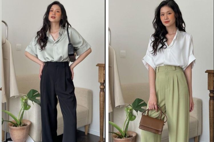 Phối áo sơ mi với quần ống rộng cho người lùn