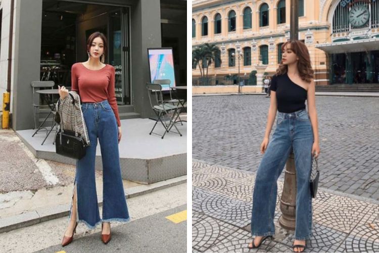 Giày cao gót với quần ống rộng cho người lùn